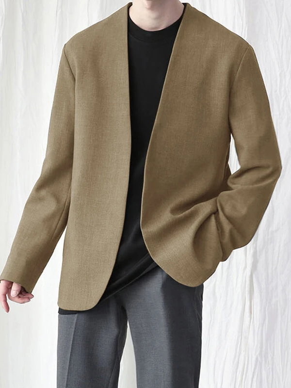 INCERUN Mens Casual Blazer Solid Collarless Casual Long Sleeve Business Blazer — view 11