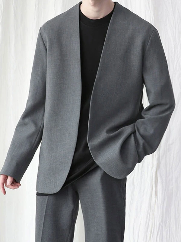 INCERUN Mens Casual Blazer Solid Collarless Casual Long Sleeve Business Blazer — view 2
