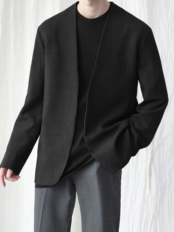 INCERUN Mens Casual Blazer Solid Collarless Casual Long Sleeve Business Blazer — view 3