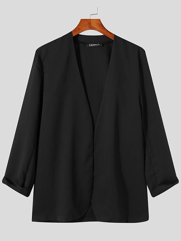 INCERUN Mens Casual Blazer Solid Collarless Casual Long Sleeve Business Blazer — view 5