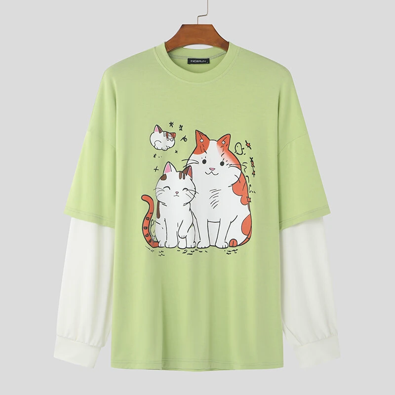 INCERUN Mens Cat Print Long Sleeve T-Shirt Casual Comfortable Crew Neck Top for Male Spring Fall S-5XL — view 4