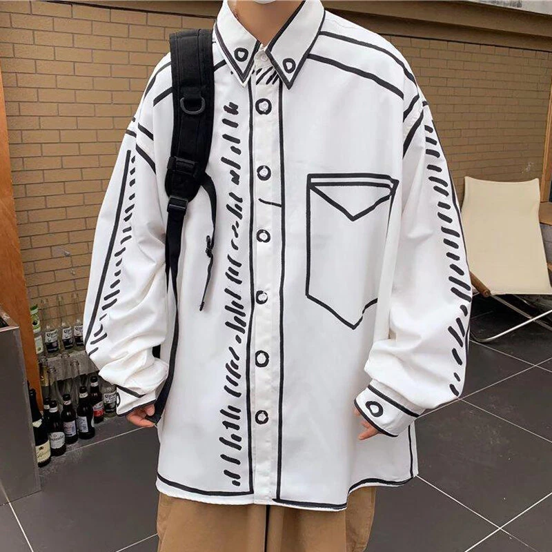 INCERUN Mens Comic Style Print Long Sleeve Shirt Fashion Funny Line Lapel Top for Male — INCERUN
