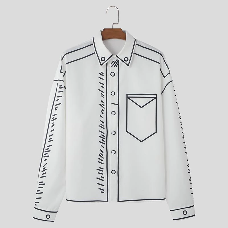 INCERUN Mens Comic Style Print Long Sleeve Shirt Fashion Funny Line Lapel Top for Male — view 4