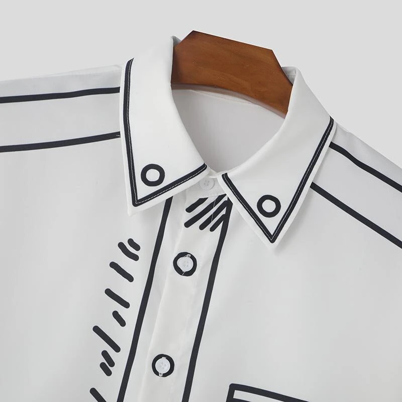 INCERUN Mens Comic Style Print Long Sleeve Shirt Fashion Funny Line Lapel Top for Male — view 5