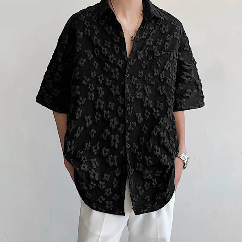 INCERUN Mens Fashion Embossed Floral Print Tops Black Short Sleeve Shirt