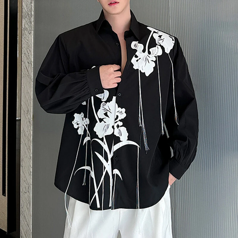 INCERUN Mens Floral Print Fringe Long-Sleeve Shirt Fashion Button Lapel Top for Male Loose Fit S-5XL — view 2