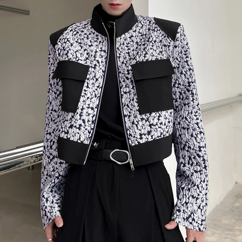 INCERUN Mens Floral Print Patchwork Jacket Crop Top Zipper Stand Collar Short Jackets for Men Large Size S-5XL — INCERUN