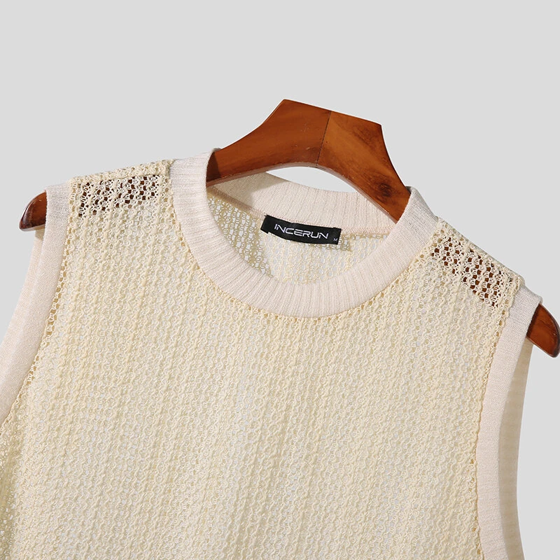 INCERUN Mens Hollow Out Crew Neck Sleeveless Vest Sold Color Sheer Knit Crew Neck Tank Top for Male — view 5