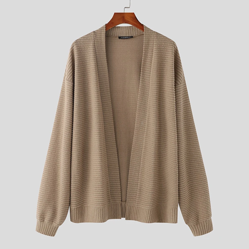 INCERUN Mens Knitted Striped Long Sleeve Cardigan Casual Solid Color Spring Fall Winter Men's Coat — view 4
