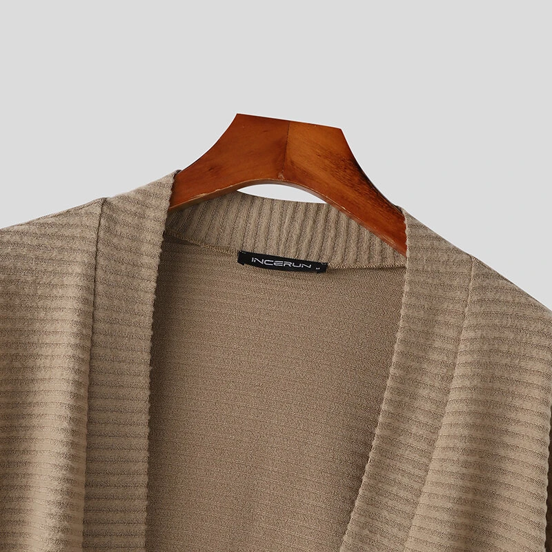 INCERUN Mens Knitted Striped Long Sleeve Cardigan Casual Solid Color Spring Fall Winter Men's Coat — view 5