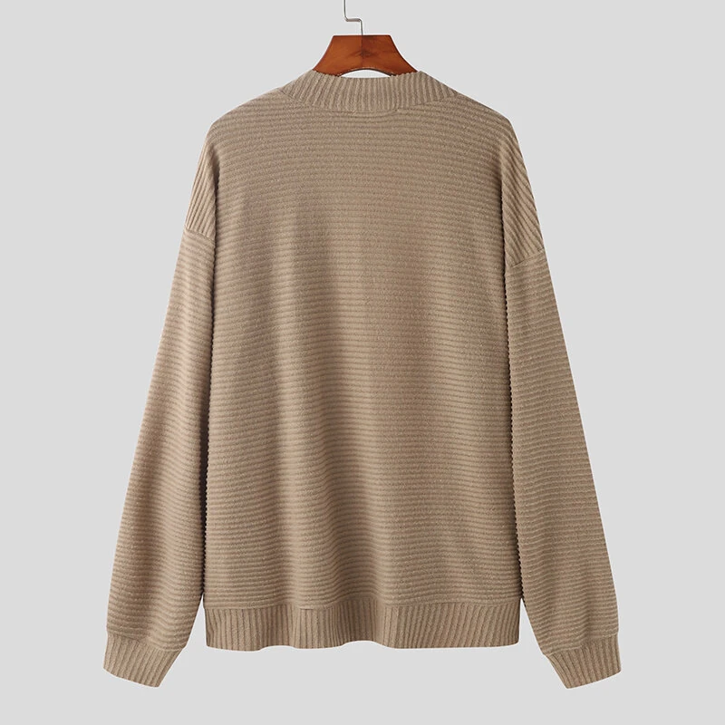 INCERUN Mens Knitted Striped Long Sleeve Cardigan Casual Solid Color Spring Fall Winter Men's Coat — view 7