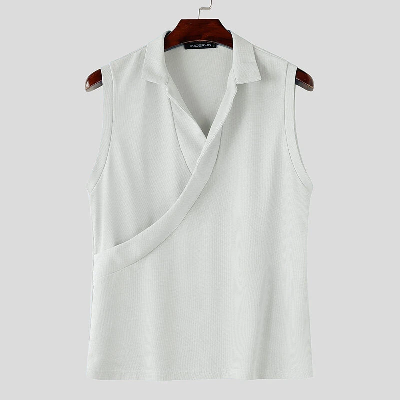 INCERUN Mens Minimalist Solid Color Textured Tank Fashion Lapel V-neck Sleeveless Top for Male — view 10