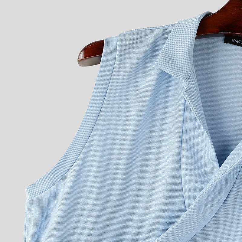 INCERUN Mens Minimalist Solid Color Textured Tank Fashion Lapel V-neck Sleeveless Top for Male — view 6