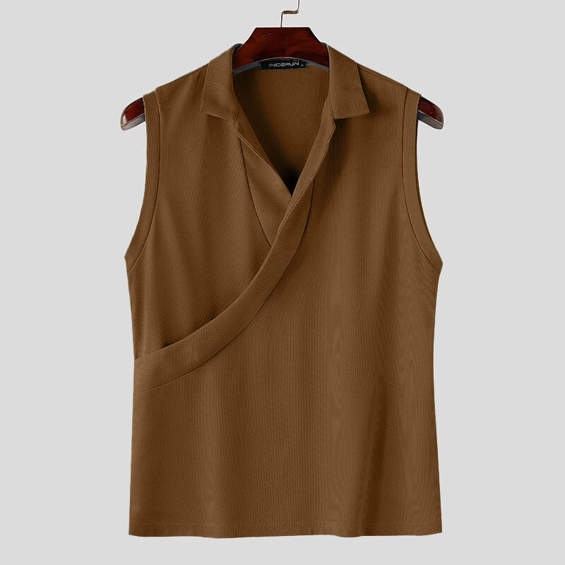INCERUN Mens Minimalist Solid Color Textured Tank Fashion Lapel V-neck Sleeveless Top for Male — view 9