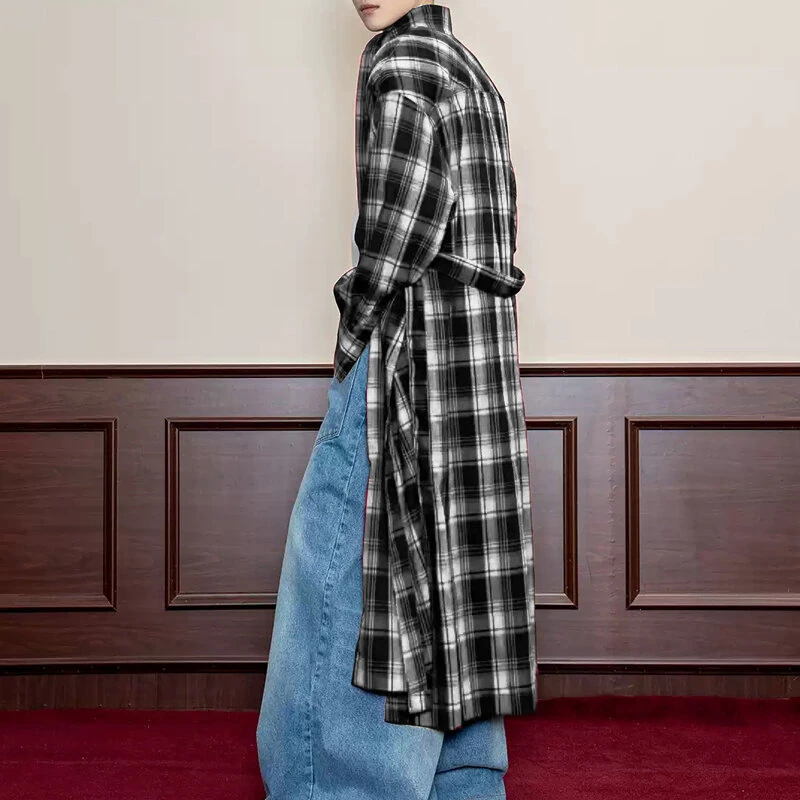 INCERUN Mens Plaid Patchwork Long Sleeve Shirt Fashion Classic Checkered Lace Up Strap Long Shirt for Men — view 4