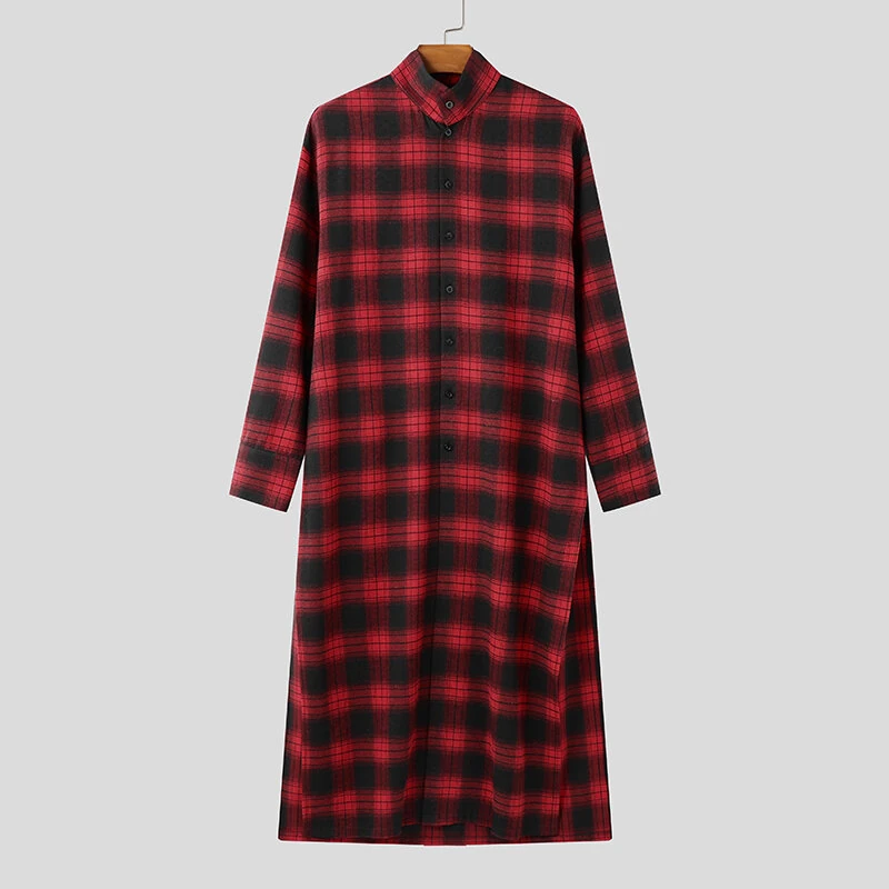 INCERUN Mens Plaid Patchwork Long Sleeve Shirt Fashion Classic Checkered Lace Up Strap Long Shirt for Men — view 7