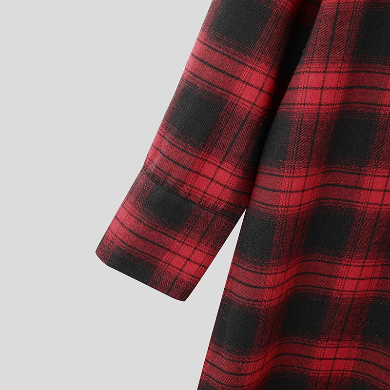 INCERUN Mens Plaid Patchwork Long Sleeve Shirt Fashion Classic Checkered Lace Up Strap Long Shirt for Men — view 8