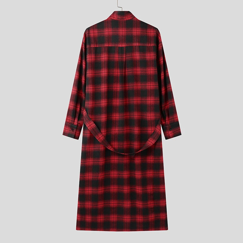 INCERUN Mens Plaid Patchwork Long Sleeve Shirt Fashion Classic Checkered Lace Up Strap Long Shirt for Men — view 9