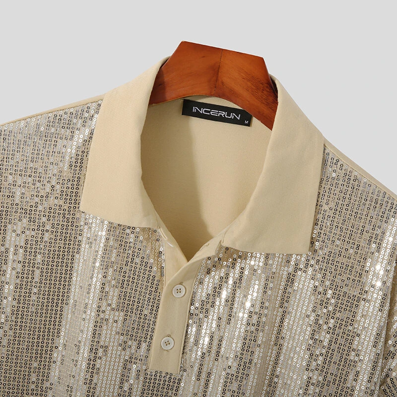 INCERUN Mens Sequin Sparkle Glitter Patchwork T-Shirt Fashion Short Sleeve Lapel Top Tshirt for Men — view 5