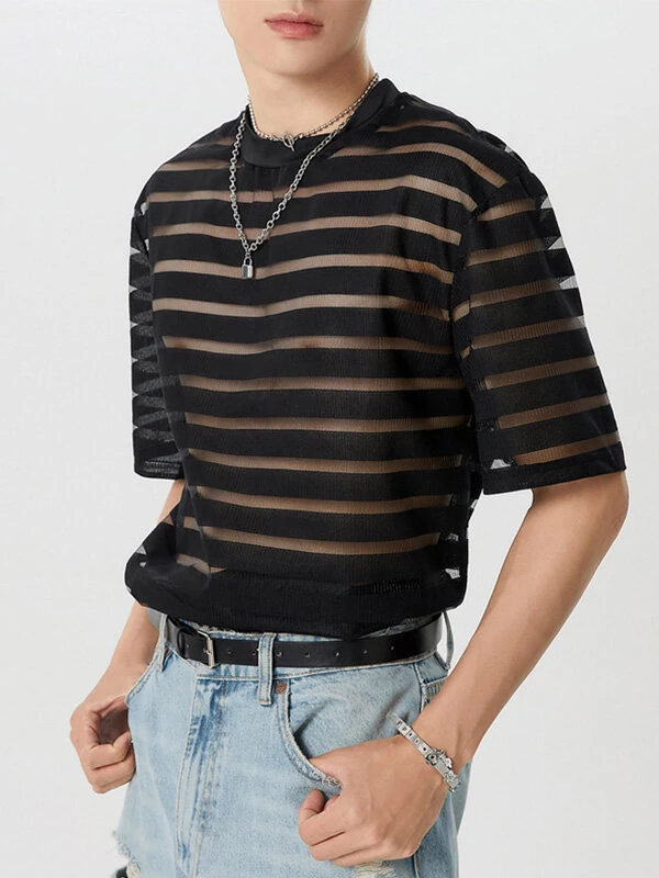 INCERUN Mens Shirt Fashion Striped Short Sleeve Men Tops See Through Party Nightclub Men Shirts S-5XL — INCERUN