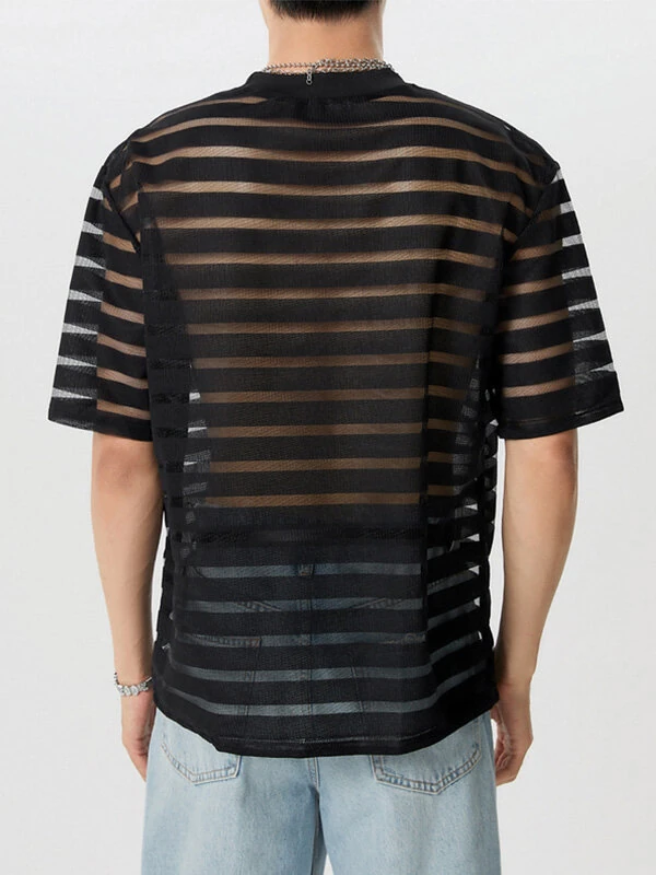 INCERUN Mens Shirt Fashion Striped Short Sleeve Men Tops See Through Party Nightclub Men Shirts S-5XL — view 2