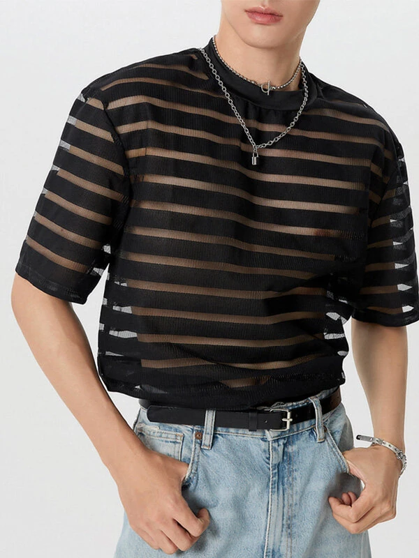 INCERUN Mens Shirt Fashion Striped Short Sleeve Men Tops See Through Party Nightclub Men Shirts S-5XL — view 4