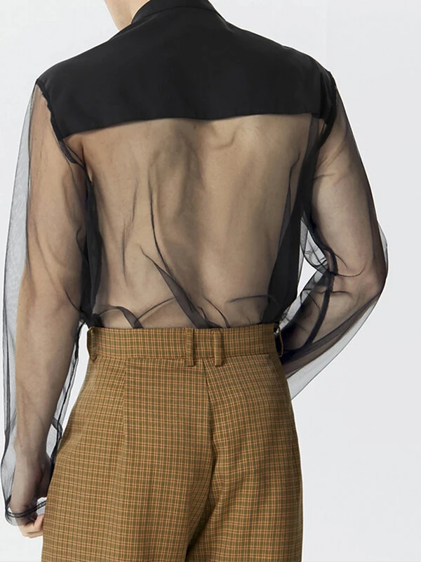 INCERUN Mens Shirt Fashion Swing Neck Patchwork Mesh Fabric Long Sleeve Shirts See Through Nightcklub Mens Clothing — view 2