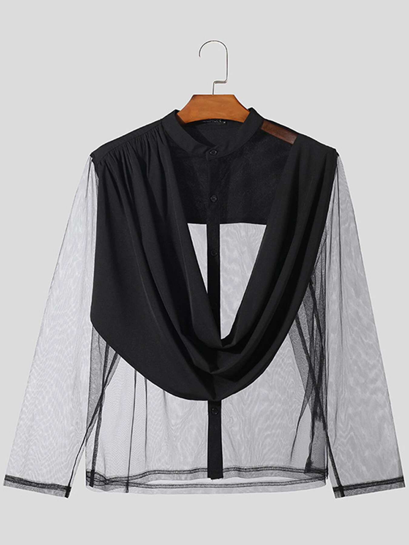 INCERUN Mens Shirt Fashion Swing Neck Patchwork Mesh Fabric Long Sleeve Shirts See Through Nightcklub Mens Clothing — view 5