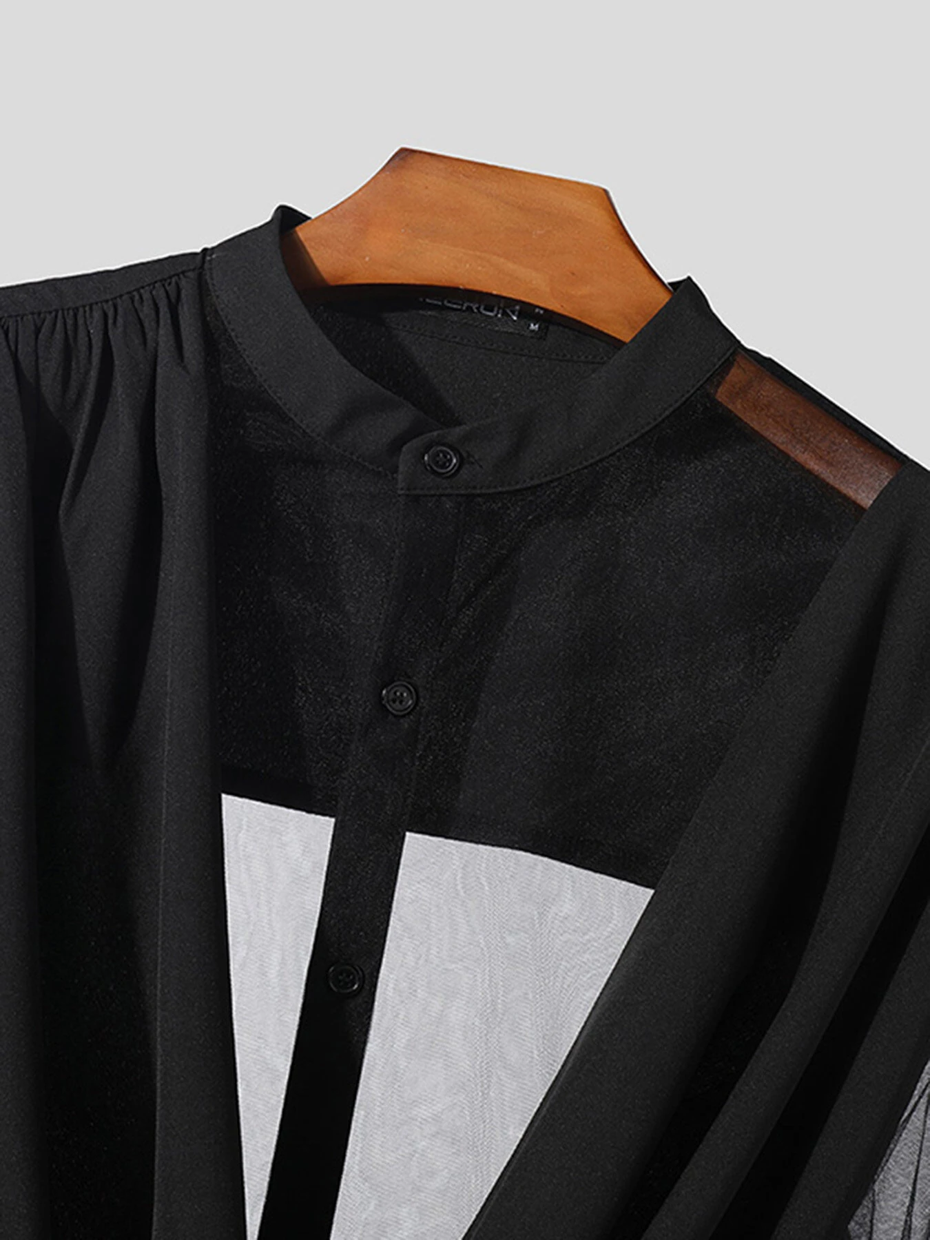 INCERUN Mens Shirt Fashion Swing Neck Patchwork Mesh Fabric Long Sleeve Shirts See Through Nightcklub Mens Clothing — view 6