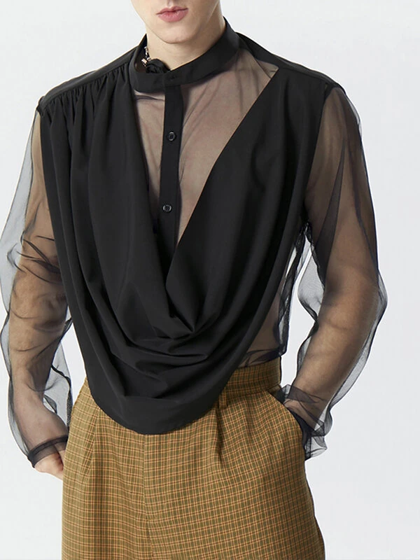 INCERUN Mens Shirt Fashion Swing Neck Patchwork Mesh Fabric Long Sleeve Shirts See Through Nightcklub Mens Clothing — view 9