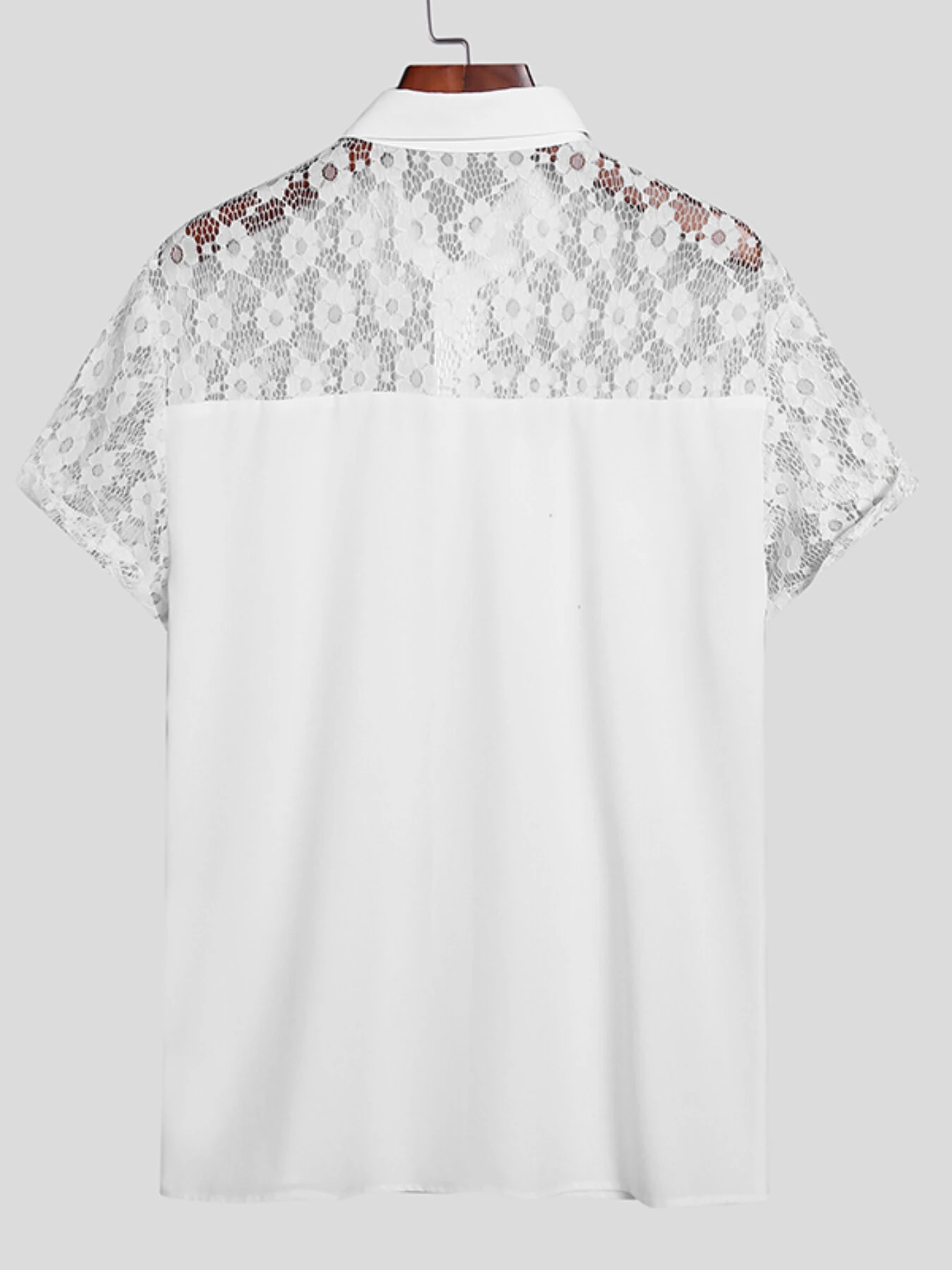 INCERUN Mens Shirt Patchwork Lace Short Sleeve White Shirt Summer Casual Daily Lapel Top Men Clothing — view 6