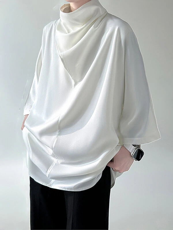 INCERUN Mens Shirt Simple Silky Stacked Collar Shirt Fashion Loose Fit Summer Half Long Sleeve Tops Men — INCERUN