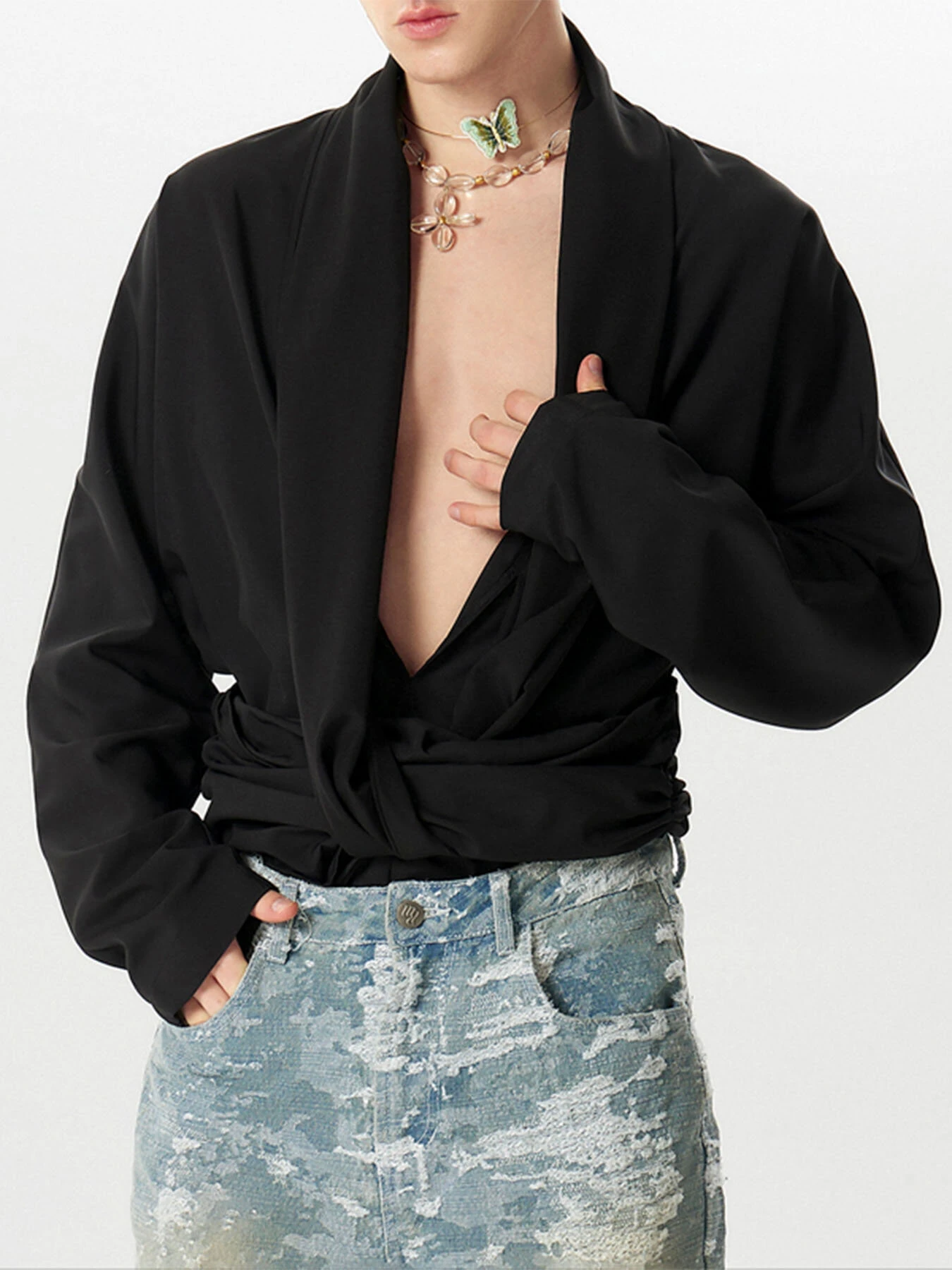 INCERUN Mens Shirt V-neck Waist Long Sleeve Shirt Summer Fashion Solid Color Comfortable Breathable Men Top — view 2