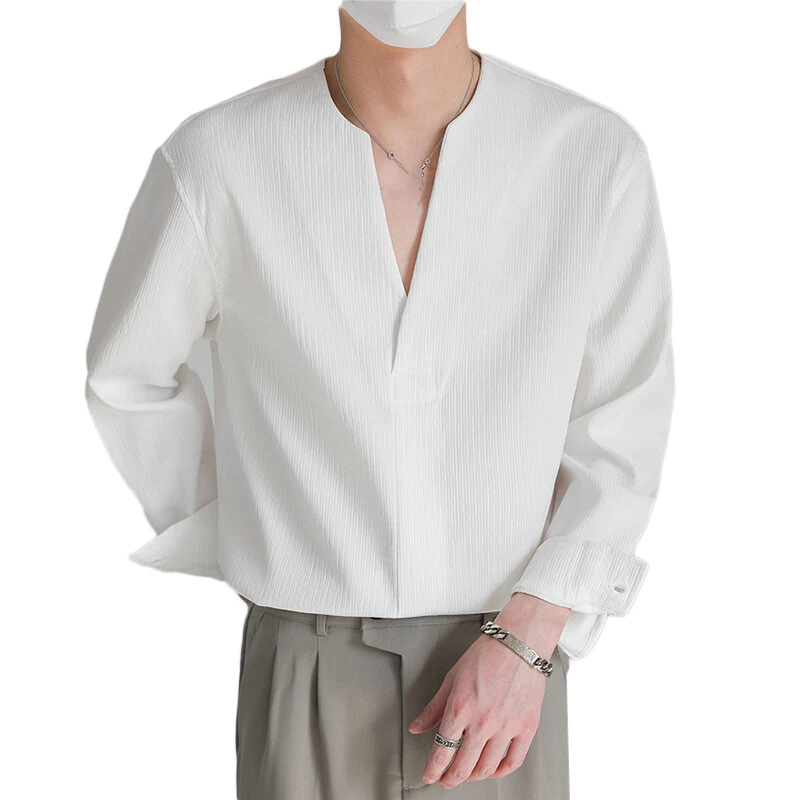 INCERUN Mens Shirts Solid Color Long Sleeve Top Shirts Summer Casual Daily V Neck Top Shirts Male Clothing — INCERUN