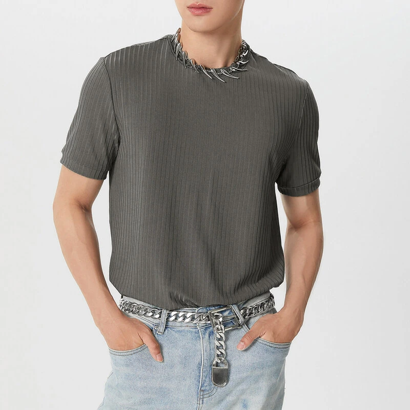INCERUN Mens Solid Color Rib Knitted Crew Neck T-Shirt Comfortable Breathable Short Sleeve Tshirt for Summer — INCERUN