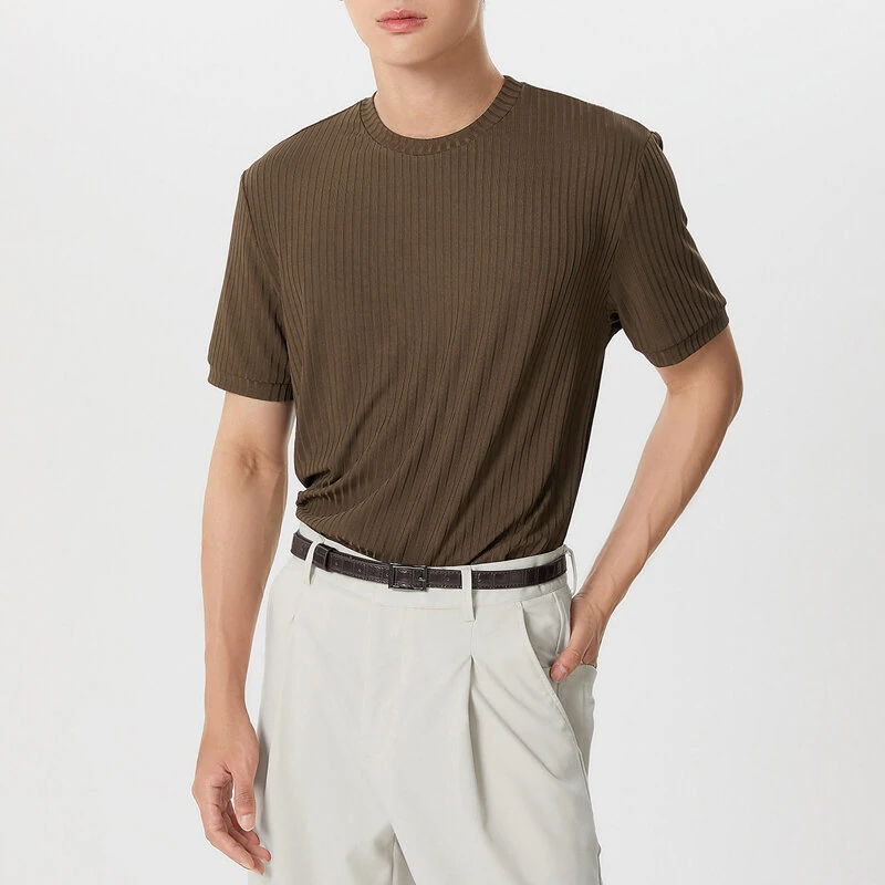 INCERUN Mens Solid Color Rib Knitted Crew Neck T-Shirt Comfortable Breathable Short Sleeve Tshirt for Summer — view 3