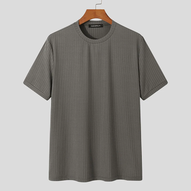 INCERUN Mens Solid Color Rib Knitted Crew Neck T-Shirt Comfortable Breathable Short Sleeve Tshirt for Summer — view 4