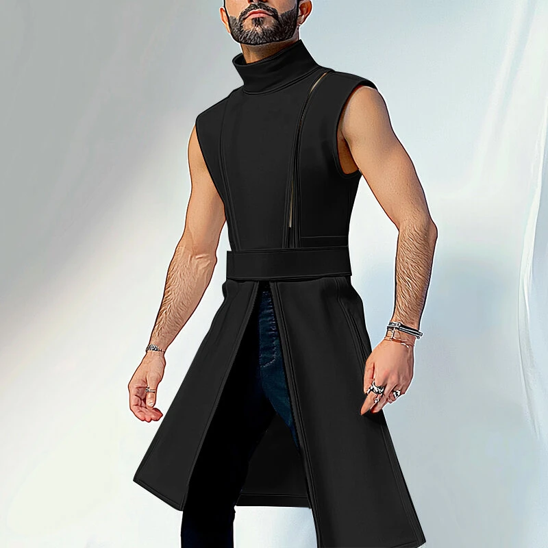 INCERUN Mens Solid Color Split Design Sleeveless T-Shirt Fashion Half Turtleneck Top for Male — view 2
