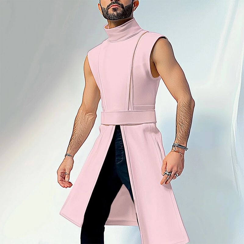 INCERUN Mens Solid Color Split Design Sleeveless T-Shirt Fashion Half Turtleneck Top for Male — view 3
