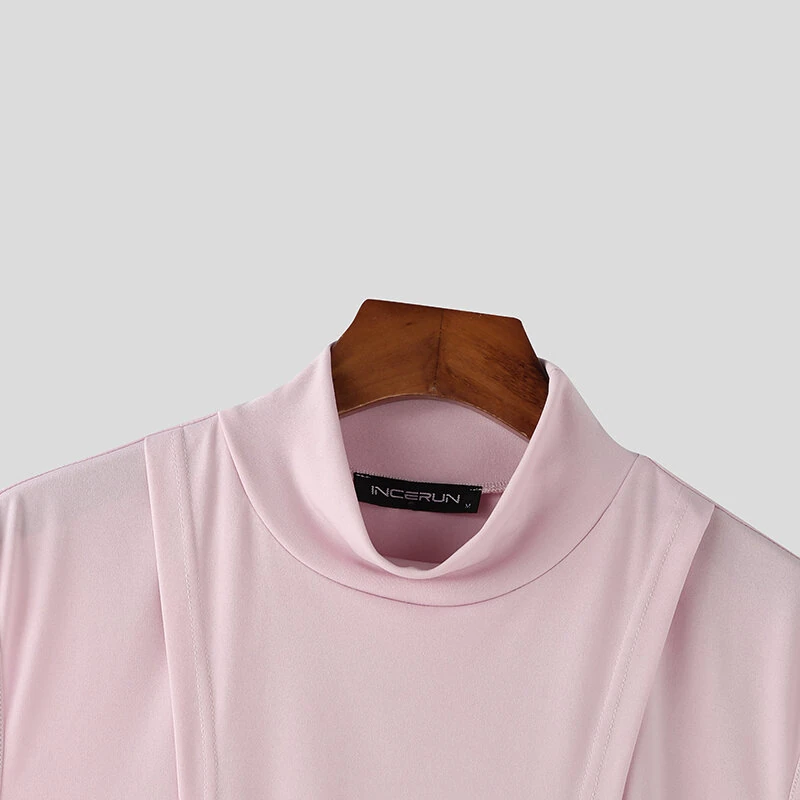 INCERUN Mens Solid Color Split Design Sleeveless T-Shirt Fashion Half Turtleneck Top for Male — view 5