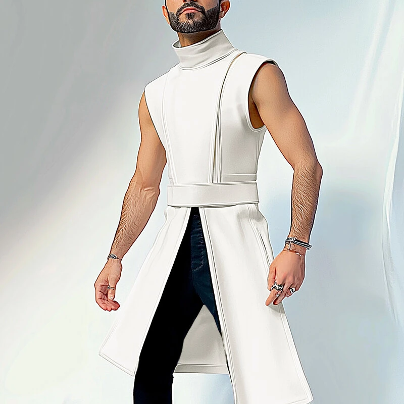 INCERUN Mens Solid Color Split Design Sleeveless T-Shirt Fashion Half Turtleneck Top for Male — view 9