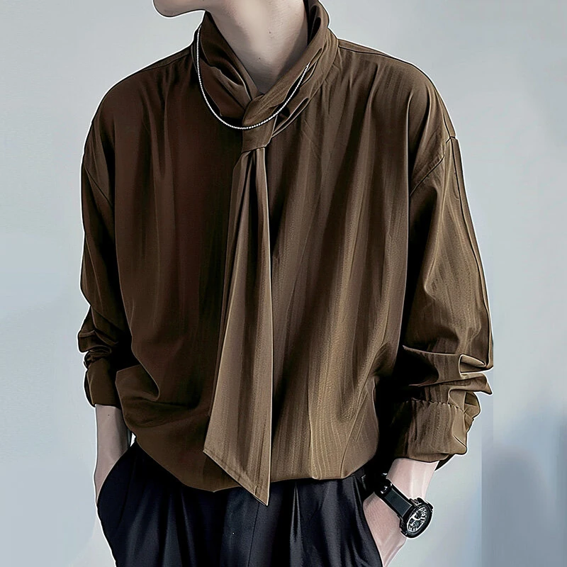 INCERUN Mens Solid Color Tie Design Long-Sleeve Shirt Fashion Casual Top Shirt for Male — view 2