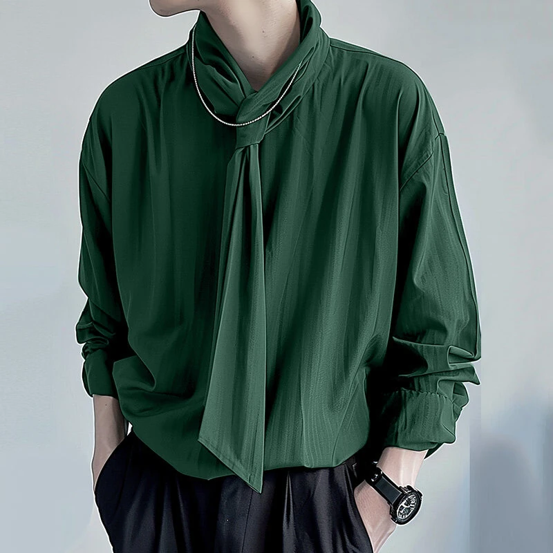 INCERUN Mens Solid Color Tie Design Long-Sleeve Shirt Fashion Casual Top Shirt for Male — view 3