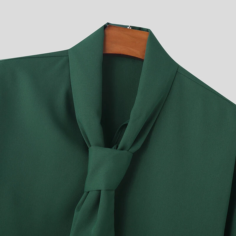 INCERUN Mens Solid Color Tie Design Long-Sleeve Shirt Fashion Casual Top Shirt for Male — view 5