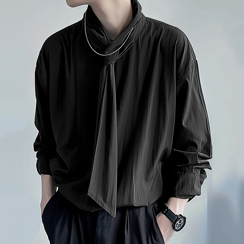 INCERUN Mens Solid Color Tie Design Long-Sleeve Shirt Fashion Casual Top Shirt for Male — view 9