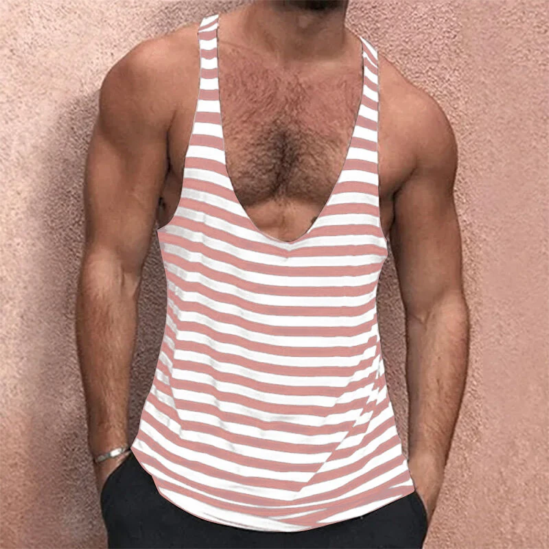 INCERUN Mens Striped U-Neck Sleeveless Casual Vest Simple Gym Sports Tank Top — view 3