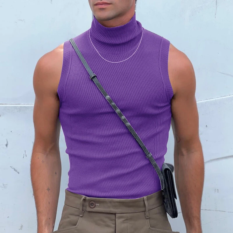 INCERUN Mens Tank Tops Fashion-forward Males Solid Color Knitted High-necked Vest Summer Comfy Sleeveless Men's Top Clothing — view 2
