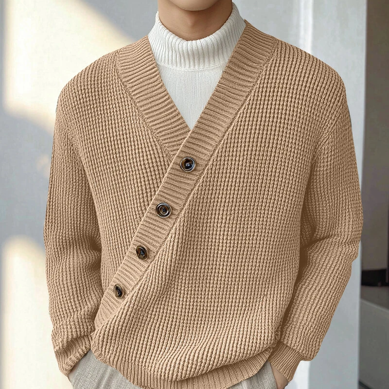 INCERUN Mens Textured Asymmetrical V-Neck Long-Sleeve Sweater Comfortable Solid Color Casual Fall Winter Top S-5XL — INCERUN