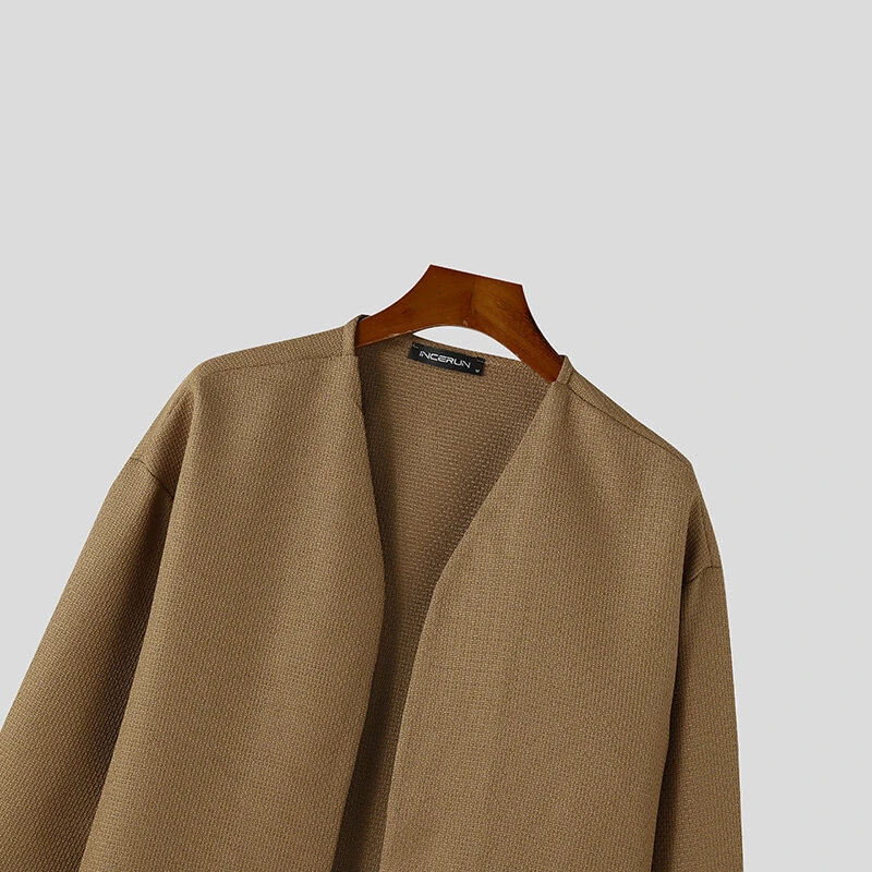 INCERUN Mens Textured Casual Long Sleeve Jacket Collarless Cardigan Jacket Coat Large Size for Big Men S-5XL — view 6