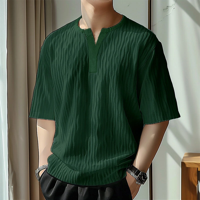 INCERUN Mens Textured Half Sleeve T-Shirt Modern Minimalist Solid Color Casual Short Sleeve Top for Men Large Size S-5XL — view 3